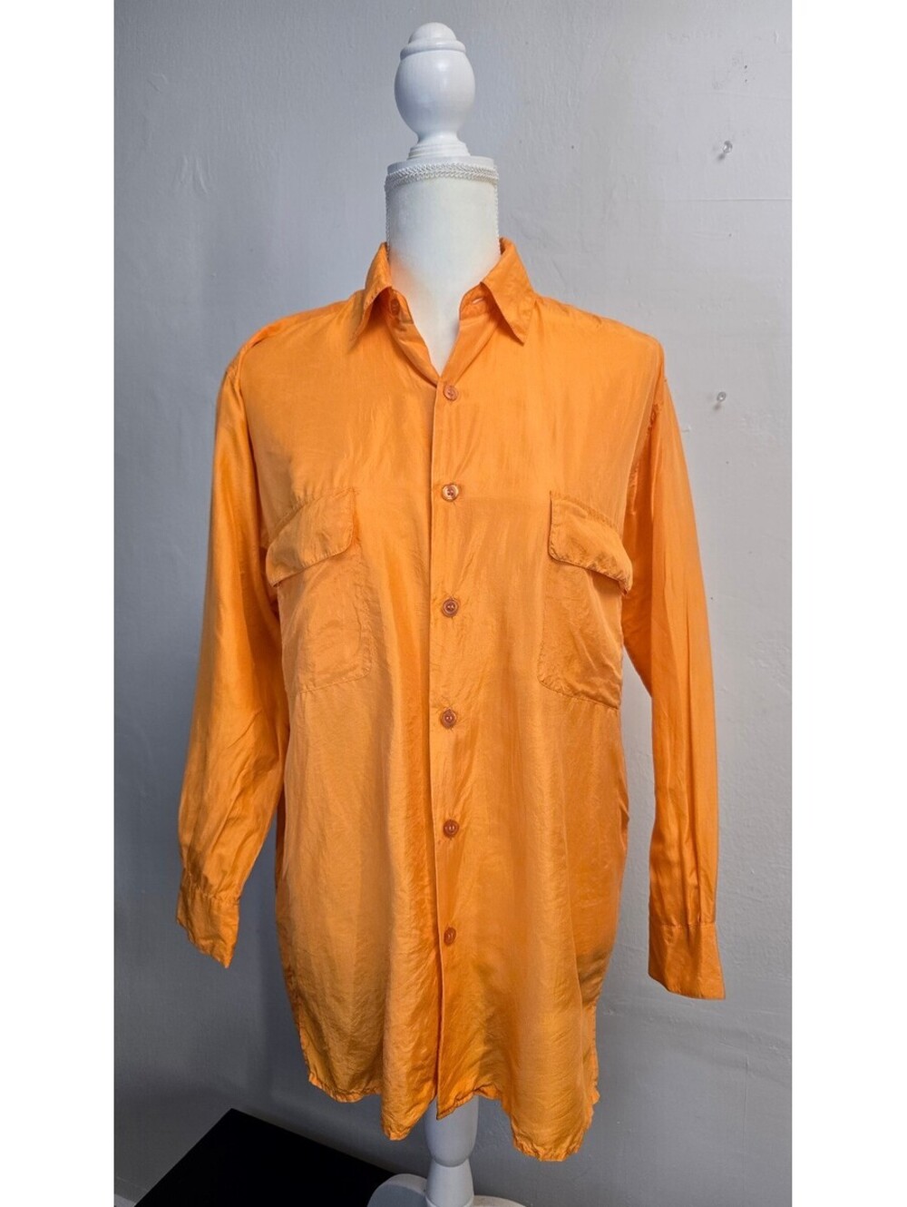 Vintage Cedars 100% Silk Orange Button-Up Shirt Size S Oversized